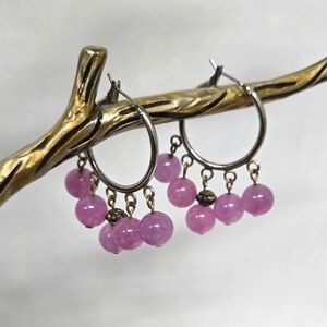 Elegant Silvertone Amethyst Beaded Hoop Earrings EUC 1.5" Drop